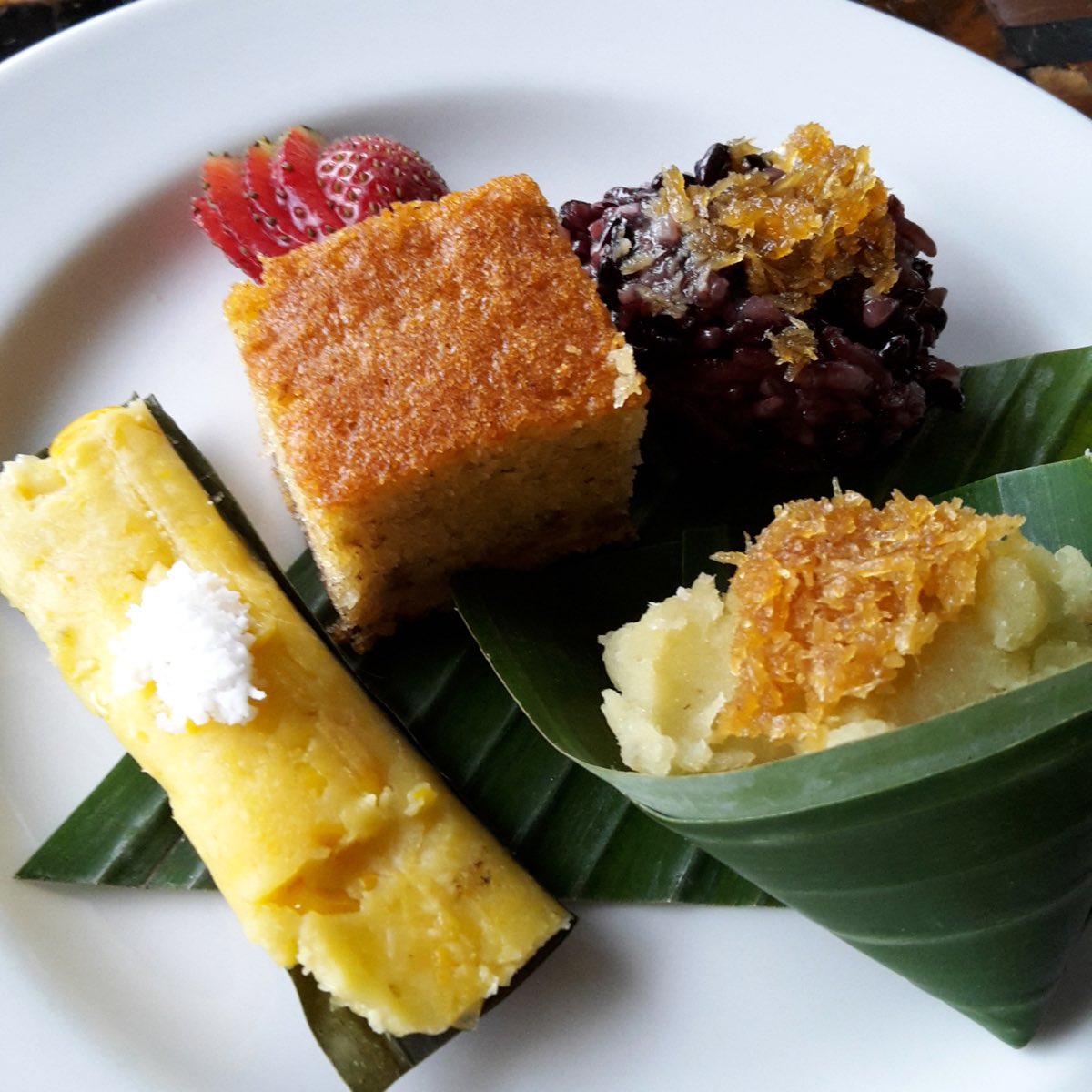 sweet corn kueh, banana cake, black rice with palm sugar, sweet potato with palm sugar