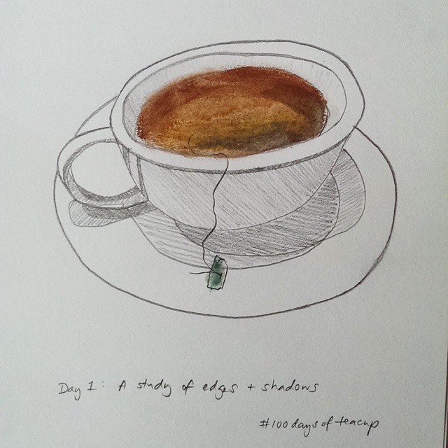 1: Pencil drawing of a teacup with smudged crayon acccent colours