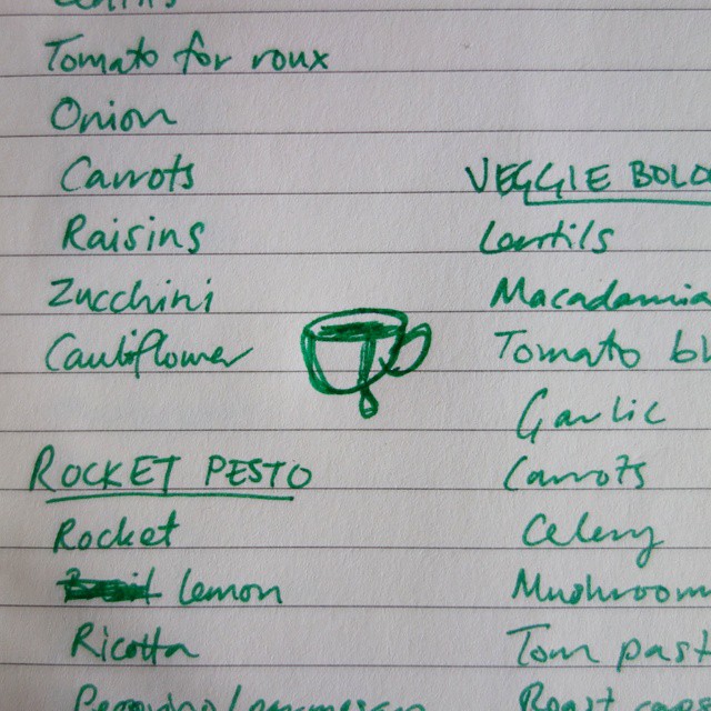 24: Green ink drawing of a teacup in between shopping list sections on lined paper