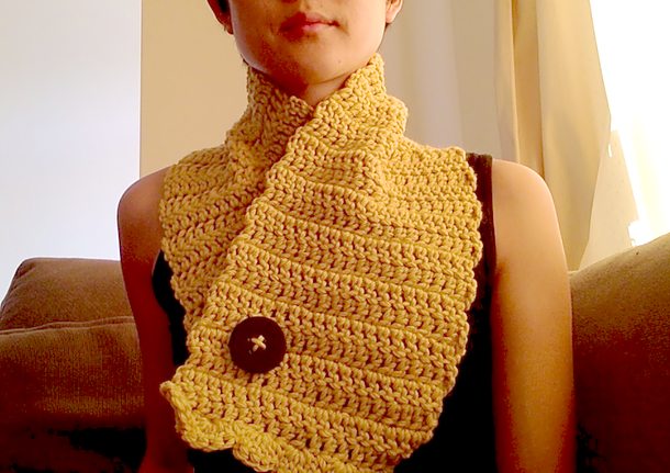 Yellow crochet cowl scarf, c. 2014