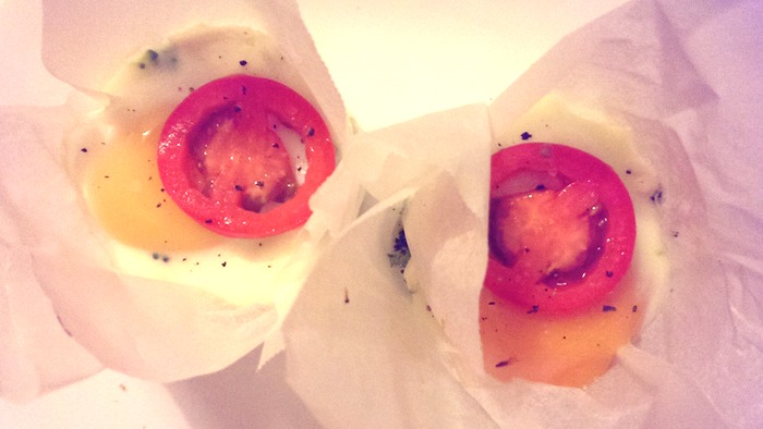 two egg bakies, wrapped in baking paper